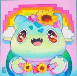  artist_name blue_background brown_eyes bulbasaur cloud commentary english_commentary fangs flower flower_on_head gradient_background highres looking_at_viewer no_humans open_mouth pink_background pixelated pokemon pokemon_(creature) pokemon_focus rainbow rian_gonzales solo traditional_media 