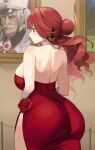  absurdres aru_(blue_archive) aru_(dress)_(blue_archive) ass back blue_archive breasts commentary_request curvy demon_horns doddbdck1103 dress earrings elbow_gloves evening_gown gloves hair_bun halo highres horns huge_ass jewelry large_breasts long_hair low_horns necklace official_alternate_costume pink_halo red_dress standing strapless strapless_dress white_gloves 