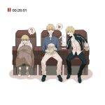  3boys ? ^^^ bags_under_eyes black_pants black_shoes blonde_hair blue_shirt boots brown_boots brown_jacket bucket chair child child_gilgamesh_(fate) collarbone collared_shirt commentary_request cup disposable_cup drinking_straw earrings empty_eyes fate/grand_order fate/hollow_ataraxia fate/stay_night fate_(series) food full_body gilgamesh_(caster)_(fate) gilgamesh_(establishment)_(fate) gilgamesh_(fate) gilgamesh_(immoral_biker_jacket)_(fate) gold_earrings gold_necklace green_pants hair_between_eyes holding holding_bucket holding_cup hood hoodie hoop_earrings jacket jewelry long_sleeves looking_at_another looking_down male_focus multiple_boys multiple_persona necklace nunok official_alternate_costume on_chair open_clothes open_jacket open_mouth pants pause_button popcorn red_eyes shadow shirt shoes short_hair smile speech_bubble spoken_question_mark spread_legs star_(symbol) t-shirt talking teeth thumbs_up unworn_jacket v-shaped_eyebrows waking_up white_hoodie white_pants white_shirt wide-eyed 