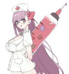  1girl bb_(fate) bow breasts cleavage cross dress fate/extra fate/extra_ccc fate_(series) glasses hair_between_eyes hair_bow hat highres holding holding_behind_back holding_syringe kaigan0211 large_breasts long_hair looking_at_viewer nurse nurse_cap purple_eyes purple_hair red_bow red_cross short_sleeves simple_background smile solo syringe tongue tongue_out very_long_hair white_background white_dress 