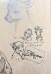 anthro bovid bullet caprine clothing deer dialogue drawing duo ears_down eyebrows female feral fur gun hat headgear headwear holding_gun holding_object holding_ranged_weapon holding_weapon horn looking_at_another looking_at_viewer male male/female mammal open_mouth pivoted_ears ranged_weapon reynard_goodfellow reynard_the_baa sheep shooting_gun text weapon wearing_hat wool_(fur)