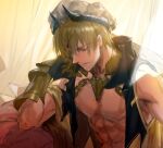  1boy abs blonde_hair closed_eyes commentary_request fate/grand_order fate_(series) gilgamesh_(caster)_(fate) gilgamesh_(fate) hat jewelry male_focus relear short_hair solo turban vest 