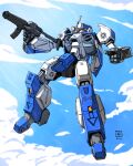  absurdres artist_logo blue_sky cloud cloudy_sky commentary_request full_body gun gunpod highres holding holding_gun holding_weapon kikou_souseiki_mospeada legioss logo mecha mecha_focus mospeada moyan no_humans robot science_fiction sky twitter_username weapon yellow_eyes 