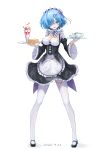  1girl :d absurdres apron black_dress black_ribbon black_shoes black_sleeves blue_eyes blue_hair breasts cherry cleavage collar commentary_request cup dated detached_collar detached_sleeves dress food frilled_apron frilled_collar frills fruit full_body glass hair_ornament hair_over_one_eye hands_up highres holding holding_plate juliet_sleeves lace-trimmed_sleeves lace_trim legs_apart long_sleeves looking_at_viewer maid maid_apron maid_headdress mary_janes medium_breasts neck_ribbon open_mouth parfait parted_bangs plate puffy_sleeves re:zero_kara_hajimeru_isekai_seikatsu rem_(re:zero) ribbon sandwich shoes short_hair simple_background sleeveless sleeveless_dress smile solo standing strawberry teacup teapot thighhighs white_apron white_background white_collar white_thighhighs wide_sleeves x_hair_ornament xiaoshi_de_xuebao 