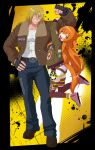  absurdres animal_ears belt blonde_hair blue_eyes bomber_jacket brown_ribbon commentary crop_top crossover denim dog_tags ear_ribbon english_commentary fatal_fury fatal_fury:_city_of_the_wolves flexing garou:_mark_of_the_wolves green_belt green_jacket hanging_on_arm highres horse_ears horse_girl horse_tail jacket jeans large_pectorals mayano_top_gun_(scramble_zone)_(umamusume) mayano_top_gun_(umamusume) mergeritter orange_hair orange_tail pants pectorals ribbon shorts tail terry_bogard two_side_up umamusume white_shorts 