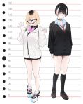  2girls ;d aki_(rerrere) ankle_socks black-framed_eyewear black_cardigan black_choker black_hair black_shirt black_shoes black_skirt black_socks blonde_hair blue_nails blue_shirt bow cardigan choker collarbone collared_shirt commentary_request diagonal-striped_bow diagonal-striped_clothes diagonal-striped_necktie drawstring dress_shirt glasses gradient_hair hair_ornament hairclip haru_(rerrere) highres hood hood_down hooded_jacket jacket loafers long_sleeves multicolored_hair multiple_girls nail_polish necktie one_eye_closed original pink_bow pleated_skirt puffy_long_sleeves puffy_sleeves red_necktie rerrere school_uniform shirt shoes short_hair skirt sleeves_past_wrists smile socks striped_bow striped_clothes two-tone_hair white_hair white_jacket white_shoes white_socks 