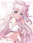  1girl animal_ear_fluff animal_ears bikini black_choker blue_eyes blush breasts choker closed_mouth commentary_request food frilled_wrist_cuffs frills fruit garter_straps hair_ornament hair_ribbon heart heart_hair_ornament highres holding large_breasts long_hair looking_at_viewer mikeou original pink_ribbon ribbon smile solo strawberry swimsuit thighhighs tongue tongue_out white_bikini white_hair white_headdress white_thighhighs wrist_cuffs 