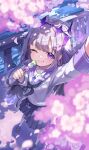  1girl colored_inner_hair dango food gem grey_hair highres hololive hololive_english jewel_under_eye koseki_bijou long_hair looking_at_viewer multicolored_hair one_eye_closed open_mouth purple_eyes purple_gem purple_hair smile solo uminonin46978 virtual_youtuber wagashi 