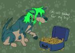 absurd_res ambiguous_gender blue_body blue_fur bodily_fluids bone canid canine canis collar cookie dog_food dog_treat domestic_dog drooling excited eyes_closed facial_piercing feral food fur gaipup green_hair green_tongue hair happy hi_res mammal pawpads paws pet_food piercing raised_paw rawhide_(gaipup) saliva saliva_string side_view sitting smile solo suitcase tail tail_motion tailwag text tongue tongue_out
