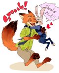  ! &lt;3 ambiguous_gender barefoot bottomwear canid canine cheek_tuft clothed clothing dialogue dipstick_ears disney english_text eyes_closed face_tuft fangs fluffy fluffy_tail fox fully_clothed fur grey_body grey_fur hug judy_hopps konoya1129 lagomorph leporid mammal multicolored_ears necktie nick_wilde open_mouth open_smile orange_body orange_fur pants pawpads police_uniform rabbit red_fox shirt simple_background smile speech_bubble teeth text toeless_legwear tongue topwear tuft uniform white_background zootopia 