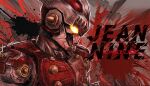  1boy armor artist_name castlings character_name english_text full_armor glowing glowing_eyes grey_background jean-nine looking_down male_focus mecha mecha_focus multicolored_armor no_humans red_armor red_background robot silver_armor solo splatter_background tokusatsu two-tone_armor two-tone_background ultra_galaxy_(series) ultra_series ultraman_ginga_(series) upper_body yellow_eyes 