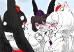  >_< 3girls animal_ear_fluff animal_ears black_hair black_wings blush breath brown_hair cold commentary_request day ear_blush eating food full-face_blush hair_ribbon hat highres himekaidou_hatate inubashiri_momiji korean_commentary long_hair lovelobten multiple_girls open_mouth outdoors pointy_ears pom_pom_(clothes) purple_hat red_hat ribbon shameimaru_aya short_hair sky tail tokin_hat touhou twintails white_hair wings winter wolf_ears wolf_tail 