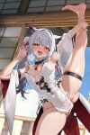  1girl 3d_background animal_ear_fluff armpits bare_shoulders blush breasts clothing_cutout commentary_request detached_sleeves dikko dikko-chan extra_ears fang flower full-face_blush grey_hair hair_between_eyes hair_intakes hair_ribbon hand_on_own_leg heart heart-shaped_pupils highres holding_own_leg kneepits leg_lift leg_up leotard long_hair looking_at_viewer navel navel_cutout open_mouth original red_eyes ribbon small_breasts solo split spread_legs standing standing_on_one_leg standing_split steaming_body symbol-shaped_pupils thigh_strap virtual_youtuber white_flower white_leotard white_sleeves wide_spread_legs 