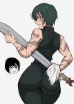  1girl absurdres ass bare_shoulders burn_scar green_hair high-waist_pants highres huge_ass jujutsu_kaisen muscular muscular_female pants scar scar_on_arm scar_on_face scars_all_over wott zen'in_maki 