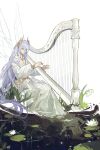  1boy absurdres bracer cael_anselm cael_anselm_(midnight_epilogue) chinese_commentary closed_mouth earrings fairy fairy_wings flower frilled_robe full_body gold_earrings gold_necklace hair_between_eyes hair_ornament harp highres instrument jewelry lily_of_the_valley lily_pad long_hair long_hair_between_eyes long_sleeves lovebrush_chronicles male_focus music necklace playing_instrument plunging_neckline pointy_ears purple_eyes rain reflection reflective_liquid ripples robe simple_background sitting solo very_long_hair water water_lily_flower white_background white_flower white_hair white_robe wing_hair_ornament wings zelotupia 