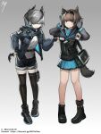  2girls :/ animal_ear_fluff animal_ears arknights armband arms_up artist_name bag bird_ears bird_girl black_gloves black_hairband black_shoes black_thighhighs blue_archive blue_jacket blue_shorts blue_skirt brown_eyes colored_shoe_soles commentary english_commentary fingerless_gloves gloves gradient_background grey_background grey_gloves hair_ornament hair_over_eyes hairband hairclip highres id_card infection_monitor_(arknights) jacket kuroinu9 multiple_girls open_clothes open_jacket pale_skin pouch reserve_operator_medic_(arknights) reserve_operator_specialist_(arknights) shoes short_hair shorts shoulder_bag simple_background skindentation skirt thigh_pouch thighhighs twitter_username twitter_x_logo web_address white_armband 