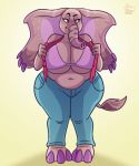  big_breasts bottomwear bra breasts cel_shading clothing curvy_figure elephant elephantid female flashing hi_res huge_breasts jamearts jeans knock-kneed looking_at_viewer mammal naughty_face pants proboscidean purple_bra sarah_fairhart shadow slightly_chubby solo trunk underwear voluptuous wide_hips 