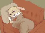  anthro bedding blanket buckteeth chair disney fur furniture grey_background high-angle_view judy_hopps lagomorph leporid looking_at_viewer lying mammal motsuko8 on_side open_mouth open_smile pillow purple_eyes rabbit simple_background smile solo tan_body tan_fur teeth zootopia 