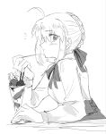  1girl ahoge artist_name artoria_pendragon_(fate) blush bow bowtie braid braided_bun breasts closed_mouth collared_shirt criss-cross_straps cup drinking_glass eating fate/stay_night fate_(series) food from_behind greyscale hair_between_eyes hair_bow hair_bun hand_up high-waist_skirt highres holding holding_cup holding_spoon huge_ahoge ice_cream long_sleeves looking_at_viewer medium_breasts monochrome nedameman notice_lines puffy_long_sleeves puffy_sleeves saber_(fate) shirt short_hair sidelocks simple_background sitting skirt solo spoon sundae table upper_body 