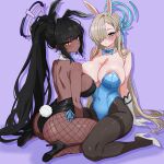  2girls absurdres animal_ear_hairband animal_ears asuna_(blue_archive) asuna_(bunny)_(blue_archive) asymmetrical_docking black_leotard black_pantyhose black_shoes blonde_hair blue_archive blue_bow blue_bowtie blue_eyes blue_halo blue_leotard bow bowtie breast_press breasts dark-skinned_female dark_skin detached_collar fake_animal_ears fishigaki hair_over_one_eye hair_ribbon hairband halo high_heels highres karin_(blue_archive) karin_(bunny)_(blue_archive) large_breasts leotard long_hair looking_at_viewer multiple_girls official_alternate_costume pantyhose playboy_bunny ponytail purple_background purple_halo rabbit_ears rabbit_tail ribbon shoes sitting strapless strapless_leotard tail thighband_pantyhose traditional_bowtie very_long_hair wariza white_shoes wrist_cuffs yh_c 