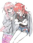  2girls alternate_costume black_shirt blue_eyes blush bocchi_the_rock! closed_eyes coat commentary_request crossed_arms cube_hair_ornament denim denim_shorts gotoh_hitori grey_coat hair_ornament highres kita_ikuyo long_hair multiple_girls open_mouth pink_hair puhen red_hair shirt shorts side_ahoge side_ponytail simple_background sweat trembling watch white_background wristwatch yuri 