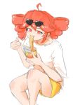  1girl ahoge cherroapg drill_hair eating eyewear_on_head hair_between_eyes highres instant_cup_noodles instant_noodles kasane_teto leg_up liar_dancer_(synthesizer_v) looking_at_viewer medium_hair red_eyes red_hair shirt shorts slurping solo sunglasses synthesizer_v twin_drills utau white_background white_shirt yellow_shorts 