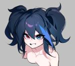  1girl bare_shoulders blue_eyes blue_hair blue_streaks bright_pupils clenched_teeth collarbone furrowed_brow grey_background heterochromia highres light_blush looking_at_viewer multicolored_hair nako_nko nude parted_lips red_eyes simple_background smile solo streaked_hair teeth twintails twitter_username utau white_pupils yokune_ruko 