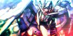  00_raiser commentary_request glowing glowing_eyes green_eyes gundam gundam_00 looking_at_viewer mecha mecha_focus mobile_suit no_humans portrait robot science_fiction solo v-fin wasabi_(payan) 