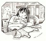  1girl animal artist_name book cat chair closed_mouth commentary_request curtains cushion dated desk half-closed_eyes hatching_(texture) hugging_object indoors linear_hatching long_hair minna_no_uta_(nhk) on_chair original photo_(object) picture_frame shirt short_sleeves sitting sleeping_animal smile solo stuffed_animal stuffed_cat stuffed_toy traditional_media window wooden_chair zpihr6jprso2r2l 