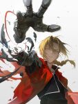  1boy absurdres arm_up black_jacket blonde_hair braid collared_jacket edward_elric floating_hair fullmetal_alchemist highres jacket kkamiiz long_hair looking_at_viewer male_focus mechabare mechanical_arms open_clothes open_jacket parted_hair parted_lips shirt simple_background single_mechanical_arm solo white_background yellow_eyes 