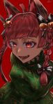  1girl animal_ears black_ears breasts cat_ears cat_girl cat_tail commentary_request dimple dress green_dress gy9vxciahg25405 hair_ornament hair_ribbon highres kaenbyou_rin medium_breasts open_mouth pointy_nose red_background red_hair ribbon short_hair simple_background smile solo tail touhou very_long_tail 