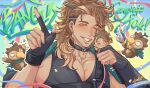  1boy :3 bird black_choker black_gloves black_shirt black_tank_top blush brown_hair bubby_(goldbullet) character_doll choker confetti dark-skinned_male dark_skin doll english_text fingerless_gloves gloves goldbullet highres holding holding_doll holding_party_popper holostars holostars_english holostars_english_idol_uniform jacket jacket_on_shoulders large_pectorals male_focus milestone_celebration muscular muscular_male one_eye_closed outline partially_fingerless_gloves party_popper pectoral_cleavage pectorals pencil pencil_in_hair ponytail portrait senza0813 shirt sleeveless sleeveless_shirt sprout sprout_on_head streamers tank_top undercut v-neck virtual_youtuber white_outline yellow_eyes 