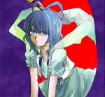  1girl absurdres aqua_dress blue_eyes blue_hair cha_syu_oic closed_mouth commentary dress expressionless hair_between_eyes highres hole_in_wall kaku_seiga leaning_forward looking_at_viewer medium_hair open_clothes open_vest short_sleeves solo touhou two-tone_background vest white_vest 