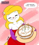  2019 animaniacs anthro birthday birthday_cake blonde_hair breasts cake candle cheek_tuft cleavage clothed clothing collarbone dialogue english_text eyebrows eyelashes eyes_closed face_tuft female food fur gloves gown hair handwear hi_res joaoppereiraus mammal minerva_mink mink mustelid musteline pink_nose signature smile solo speech_bubble text tuft warner_brothers white_body white_fur 