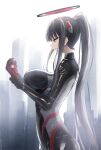  1girl arms_under_breasts asao_(asaomm12345) black_bodysuit black_hair blue_archive bodysuit breasts bright_pupils from_side gloves hair_ornament halo highres large_breasts latex latex_bodysuit long_hair multicolored_halo official_alternate_costume official_alternate_hairstyle parted_lips red_eyes rio_(armed)_(blue_archive) rio_(blue_archive) sidelocks solo two-tone_halo very_long_hair white_pupils 
