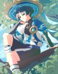  1boy absurdres anemo_symbol_(genshin_impact) anthemspices aqua_gem arm_at_side arm_support armor belt black_belt black_bodysuit black_bow black_bridal_gauntlets black_hair black_shorts blue_cape blue_hat blue_sky blue_sleeves blunt_ends bodysuit bow bridal_gauntlets cape choppy_bangs closed_mouth commentary expressionless falling_leaves feathers furisode gem genshin_impact gold hand_on_own_face hat highres japanese_armor japanese_clothes jingasa kimono knee_up kote kurokote layered_sleeves leaf leg_warmers looking_to_the_side male_focus mandarin_collar outdoors parted_bangs pom_pom_(clothes) purple_eyes purple_rope purple_sash rope sash scaramouche_(genshin_impact) short_sleeves shorts shoulder_peek sidelighting sitting_on_branch sky solo sunlight toes tree tsurime untranslatable_commentary wanderer_(genshin_impact) white_leg_warmers white_sleeves white_trim yellow_feathers 