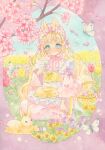  1girl absurdres amu_(m_aa) animal animal_ear_fluff animal_ears apron aqua_eyes artist_name basket blonde_hair blush border bow bug butterfly cherry_blossoms cherry_tree dango dated dot_nose easter easter_egg egg expressionless floral_print flower food frilled_apron frills hair_bow hanami highres japanese_clothes kimono lolita_fashion long_hair long_sleeves looking_at_viewer maid no_shoes nose_blush original outside_border painting_(medium) petals pink_border pink_bow pink_kimono pink_petals rabbit rabbit_ears rabbit_girl round_border sanshoku_dango seiza sidelocks signature sitting socks traditional_media very_long_hair wa_lolita wa_maid wagashi watercolor_(medium) white_apron white_socks wide_sleeves 