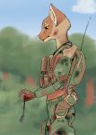  anthro armor blood bodily_fluids camo clothed clothing digital_media_(artwork) exoskeleton felid feline female hi_res machine mammal power_armor soldier topwear uniform vest warrior wounded zhutia15 