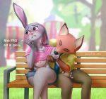  anthro anthro_on_anthro areola baxer-mx bench big_breasts black_nose blush bodily_fluids bottomwear breast_suck breastfeeding breasts buckteeth bulge bulge_fondling canid canine clothed clothing crossed_legs dialogue disney duo english_text exhibitionism eyes_closed female fox fully_clothed fur grey_body grey_fur hi_res judy_hopps lactating lagomorph leporid looking_away male male/female mammal necktie nick_wilde nipple_suck nipples one_ear_up orange_body orange_fur pants park partially_clothed pink_nose predator/prey public purple_eyes rabbit red_fox shirt shorts sitting sucking teeth text topwear zootopia 