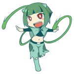  1girl 9rimson black_shirt blunt_bangs blush_stickers bulbasaur capelet chibi chibi_only commentary_request fang full_body green_capelet green_hair green_shorts green_socks long_sleeves midriff navel open_mouth outstretched_arms personification plant pokemon red_eyes shirt short_hair shorts simple_background smile socks solo vine_whip vines white_background 