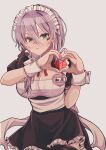  1girl :i alternate_costume black_dress blush breasts cleavage cleavage_cutout closed_mouth clothing_cutout commentary_request cowboy_shot dress embarrassed enmaided eyelashes frilled_dress frills green_eyes grey_background grey_hair hair_between_eyes hands_up heart heart_hands heart_in_heart_hands heaven_burns_red highres izumi_yuki large_breasts long_hair looking_at_viewer maid maid_headdress name_tag nose_blush pout puffy_short_sleeves puffy_sleeves short_sleeves simple_background siromochino solo sweat white_wrist_cuffs wrist_cuffs 