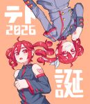  2girls buttons commentary_request detached_sleeves double-breasted drill_hair dual_persona grey_jacket grey_shirt hair_ribbon highres jacket kanbaru_mitsuki kasane_teto kasane_teto_(sv) kasane_teto_(utau) long_sleeves multiple_girls open_mouth red_eyes red_hair ribbon shirt sleeveless sleeveless_shirt smile synthesizer_v twin_drills upper_body upside-down utau 