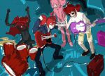  4girls ahoge band_(music) black_pants black_shoes black_skin blue_jacket cape chiccha_na_watashi_(synthesizer_v) colored_skin commentary creator_connection drill_hair drum drum_set drumsticks full_body guitar highres holding holding_drumsticks holding_guitar holding_instrument instrument irregular_man_(synthesizer_v) jacket kamemmmmms kasane_teto keyboard_(instrument) liar_dancer_(synthesizer_v) looking_at_viewer medium_hair multiple_girls music pants pink_hair pink_jacket pink_pants playing_instrument red_cape red_hair shirt shoes shorts sunglasses synthesizer_v twin_drills ultra_trailer_(synthesizer_v) untranslatable_commentary utau white_shirt yellow_shorts 