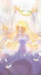  00suger001 1girl absurdres bird blonde_hair double_bun dress feathers flower full_moon_wo_sagashite head_wreath highres kouyama_mitsuki lace long_hair parted_lips sidelocks solo white_dress white_flower white_wings wings wrist_cuffs yellow_eyes 