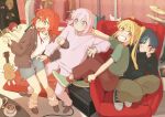  4girls absurdres black_shirt blue_eyes blue_hair bocchi_the_rock! cup english_commentary gotoh_hitori green_eyes green_shirt hand_on_own_cheek hand_on_own_face highres ijichi_nijika jacket kessoku_band kita_ikuyo long_hair looking_at_viewer machuuu68 multiple_girls one_side_up open_clothes open_jacket pink_hair pink_track_suit red_hair shirt teacup track_suit white_shirt yamada_ryo yellow_eyes 