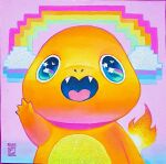  artist_name blue_background charmander cloud commentary english_commentary fangs fire flame-tipped_tail gradient_background highres no_humans open_mouth pink_background pixelated pokemon pokemon_(creature) rainbow rian_gonzales solo tail traditional_media 