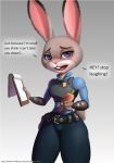  ! ... ? anthro badge baxer-mx belt breasts buckteeth carrot_pen clothed clothing dialogue dipstick_ears disney english_text female front_view fully_clothed fur grey_background grey_body grey_fur holding_object judy_hopps lagomorph leporid light lighting mammal multicolored_ears open_mouth pink_nose police_uniform purple_eyes rabbit scut_tail simple_background solo teeth text thick_thighs uniform url white_body white_fur zootopia 