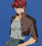  1boy bandana blue_background blush brown_eyes closed_mouth collarbone collared_jacket commentary cowboy_shot dutch_angle fields_of_mistria frown grey_bandana grey_shirt hands_on_own_hips highres jacket jewelry long_sleeves male_focus march_(fields_of_mistria) necklace parted_hair popped_collar red_hair shirt short_hair shrimpun simple_background solo 