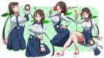  1girl aged_up arms_behind_back black_hair breasts eating green_ribbon hachikuji_mayoi hand_on_own_hip kabukimonogatari large_breasts monogatari_(series) multiple_expressions ponytail red_eyes ribbon risator shirt shoes sitting skirt solo suspender_skirt suspenders twitter_username v white_shirt white_shoes 