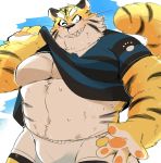  2019 anthro belly blush bottomwear clothed clothing felid fur humanoid_hands hyaku_(artist) male mammal moobs navel nipples one_eye_closed open_shirt overweight overweight_male pantherine shirt shorts solo tiger topwear wink yellow_body yellow_fur 